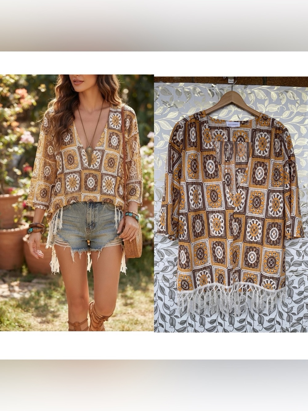 Self Contrast Hippie Boho Fringe Lace Blouse Tunic Retro 70s Style L